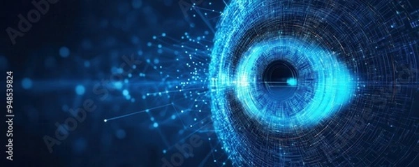 Fototapeta High-tech iris scanning process, abstract data patterns, deep blue background, iris scan, biometric security