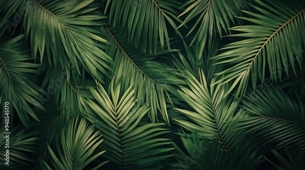 Fototapeta Close-up of palm leaves arranged to form a textured green background, perfect for a nature-inspired design