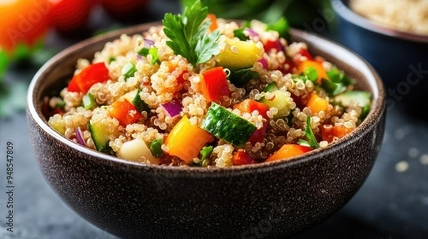 Fototapeta Protein-packed quinoa salad with colorful vegetables in a bowl, healthy and balanced diet
