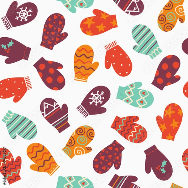 Fototapeta Mittens, vector bright winter seamless pattern