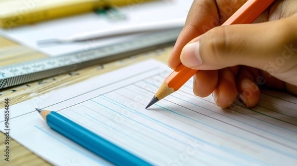 Fototapeta Student's hand holding a pencil on a blank lined paper with a ruler nearby, ready for drawing or writing