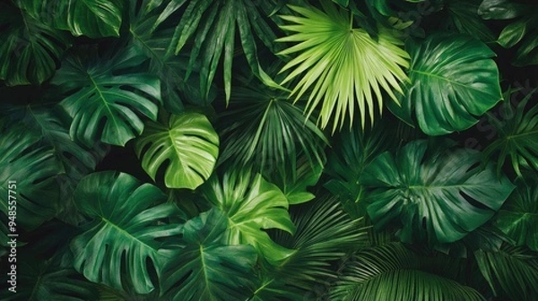 Fototapeta Lush palm leaves arranged artistically, filling the frame with rich green hues.
