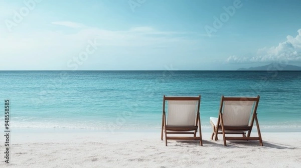 Fototapeta Two wooden chairs sit on the white sandy beach, overlooking a calm and inviting turquoise sea, with a serene sky above and distant mountains in the background.