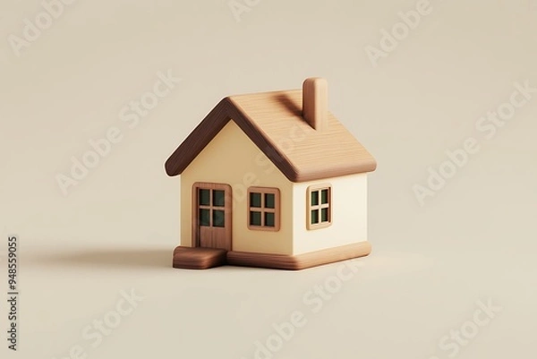 Fototapeta Modern Minimalist House Icon in Green and Bronze Tones on Soft Wood Material Background - 3D Blender Render