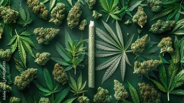 Fototapeta Overhead flat lay of a rolled cannabis joint surrounded by fresh cannabis buds and leaves