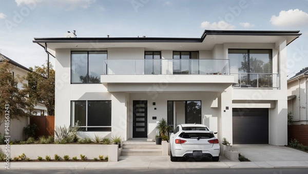 Obraz A white modern house with a balcony and a vintage white car in front. Landscaping surrounds the house.



