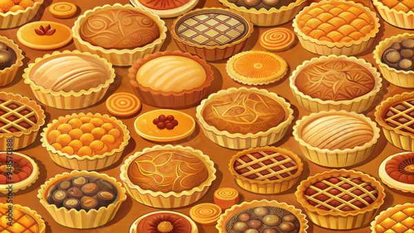 Fototapeta Autumn Fair Table with Traditional Apple and Pumpkin Pies, Rolls, Various Sizes, Thanksgiving