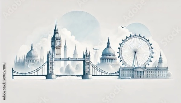 Obraz A minimalist illustration of London’s iconic landmarks, including Big Ben, Tower Bridge, Cathedral, and the London Eye, set against a soft, cloud-like background with muted tones. Ai generative.