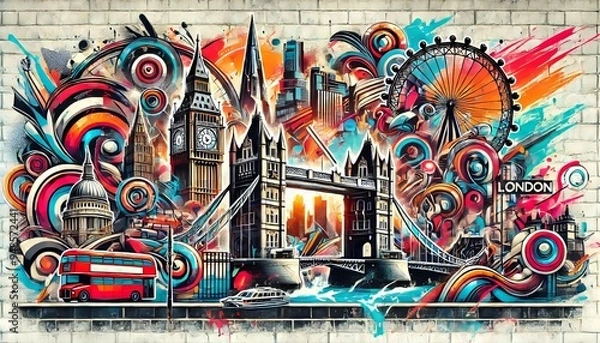 Obraz A vibrant mural depicts iconic London landmarks like Big Ben and Tower Bridge, blended with abstract swirls of color, creating a dynamic urban scene on a brick wall. Ai generative