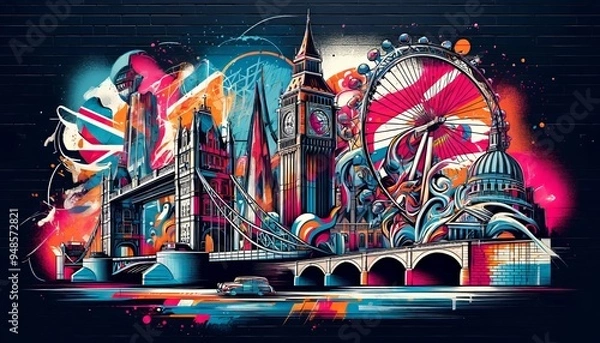 Obraz A vibrant mural depicts iconic London landmarks like Big Ben and Tower Bridge, blended with abstract swirls of color, creating a dynamic urban scene on a brick wall. Ai generative