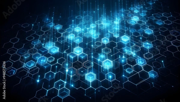 Fototapeta Blue neon hexagonal abstract background