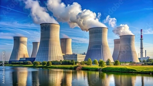 Fototapeta A detailed view of a nuclear power plant with cooling towers and reactors , energy, electricity, nuclear
