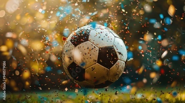 Fototapeta Soccer ball surrounded by colorful confetti during a winning celebration in a lively atmosphere