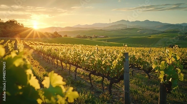 Fototapeta solar power Wind Energy, A sun-drenched vineyard with rolling hills and a distant mountain range, picturesque nature landscape