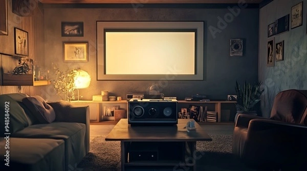 Fototapeta A cozy home theater setup with a vintage movie projector and muted tones