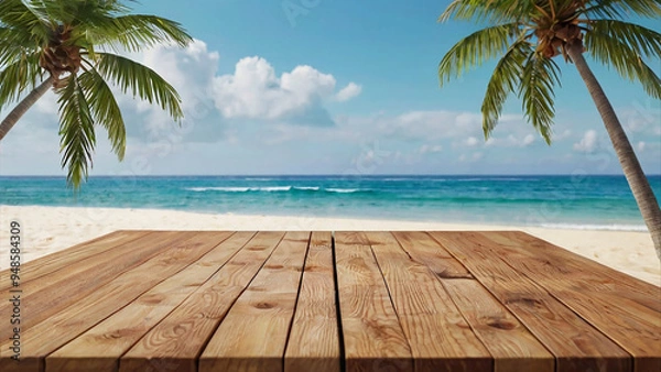 Obraz Empty wooden table and palm leaves and beach blurred background in summer time, Generative AI.