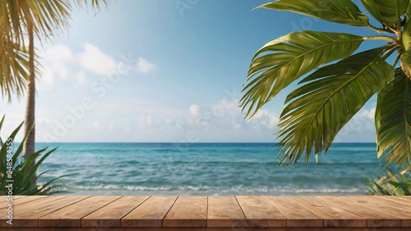 Obraz Empty wooden table and palm leaves and beach blurred background in summer time, Generative AI.