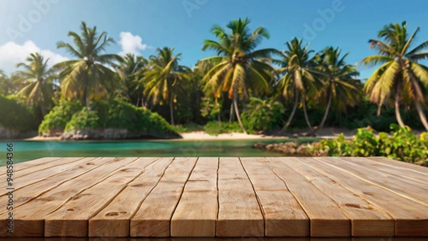 Obraz Empty wooden table and palm leaves and beach blurred background in summer time, Generative AI.