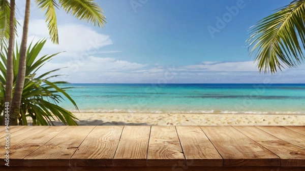 Obraz Empty wooden table and palm leaves and beach blurred background in summer time, Generative AI.
