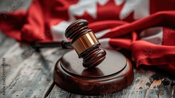Fototapeta A wooden judges gavel rests on a desk beside a folded Canadian flag representing law and order