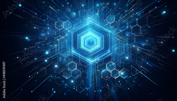 Fototapeta Blue neon hexagonal abstract background