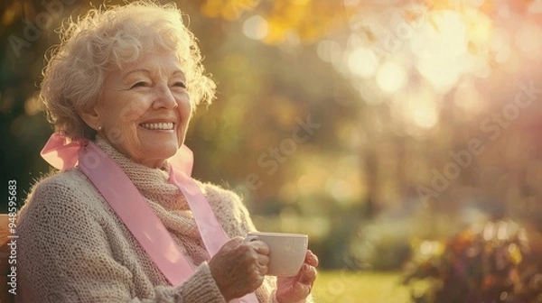 Fototapeta A senior woman with a warm smile, wearing a pink ribbon and sitting in a sunlit garden, with a cup of tea in her hands, symbolizing the joy and peace found in everyday moments after surviving breast