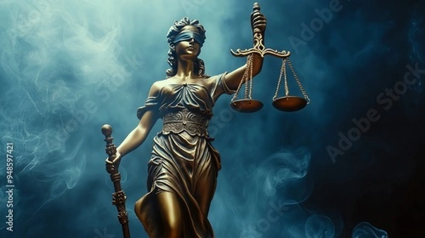 Fototapeta Bronze statue of the Goddess of Justice Themis.Copy space. Based on Generative AI