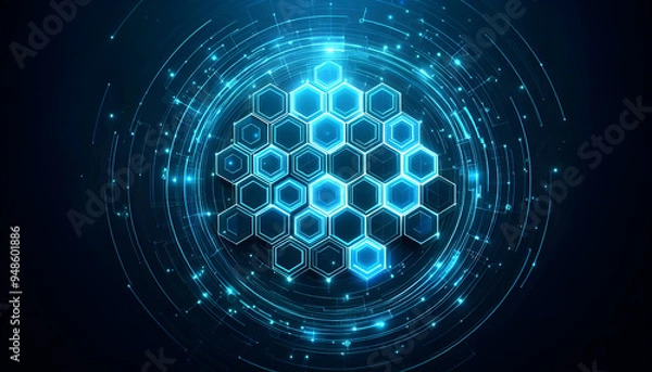 Fototapeta Blue neon hexagonal abstract background
