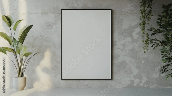 Fototapeta Frame mock up with blank white poster | Black frame on textured concrete wall | Green potted plants with sunlight and shadow play | Modern interior design concept