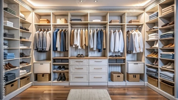 Fototapeta Well-organized closet with capsule wardrobe and storage system , Capsule wardrobe, organization, closet, tidy, neat, efficient