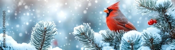 Obraz Snow-covered pine branches with red cardinal