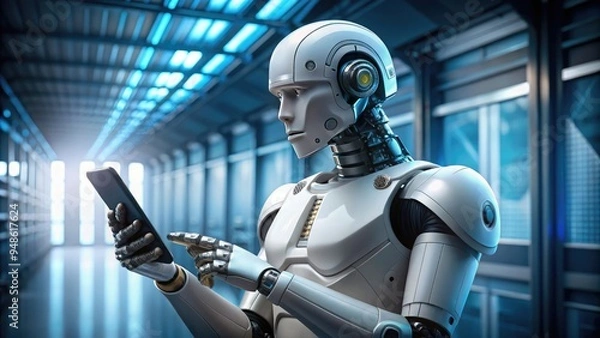Fototapeta Hyper-realistic digital art of an Al robot holding a modern smartphone, its screen glowing with holographic data, in a futuristic cityscape