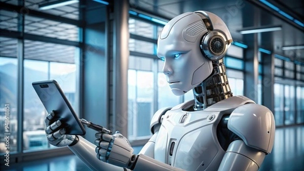 Fototapeta Hyper-realistic digital art of an Al robot holding a modern smartphone, its screen glowing with holographic data, in a futuristic cityscape