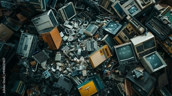 Fototapeta A vivid close up of a towering pile of electronic waste, showing an assortment of discarded monitors, keyboards, and other gadgets. The image highlights the intricate details of