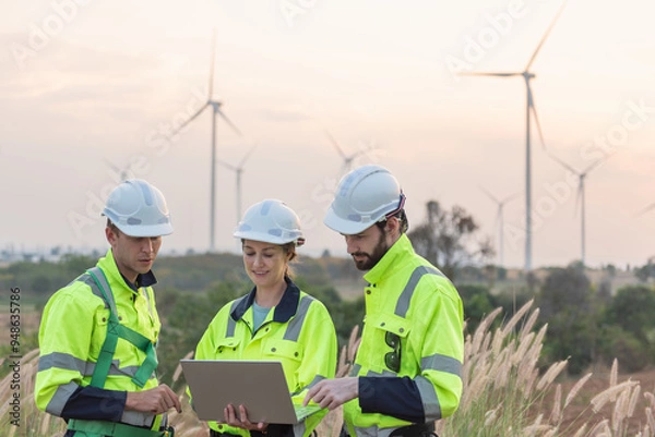Fototapeta Team of engineers working and using a computer laptop on site in wind turbine farm, Wind turbines generate clean energy source, Eco technology for electric, industry environment