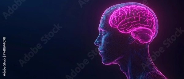 Fototapeta Neon brain and skull illustration.Bright neon illustration of a human brain and skull, blending vibrant pink and blue colors. Represents concepts like creativity, science, and technology in a futurist