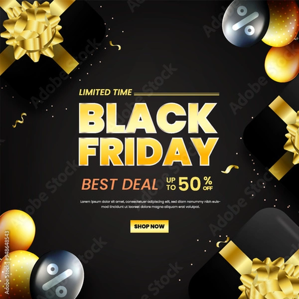 Fototapeta Black Friday with realistic gift box and balloons. Limited time banner background for Black Friday. Futuristic Black Friday banner design.