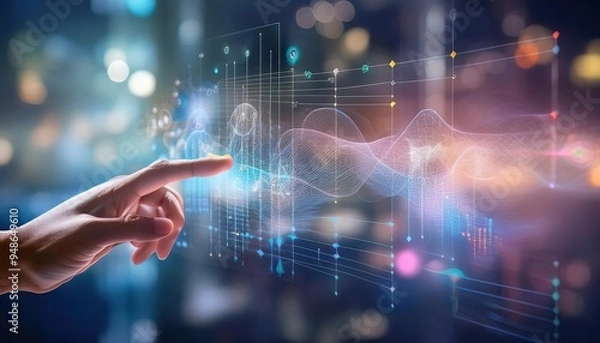 Fototapeta Big data technologies and data science. Big data analytics displaying intricate datasets on a touchscreen.