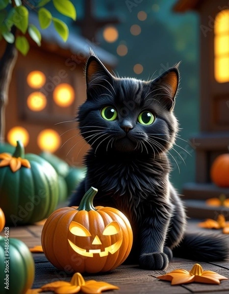 Obraz Black Cat with Jack-o'-Lantern on Halloween Night