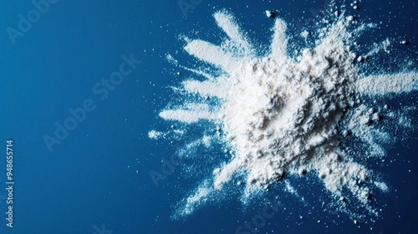 Fototapeta White Flour Explosion on Clean Blue Background Displaying Unique Textures Shot in Wide Angle