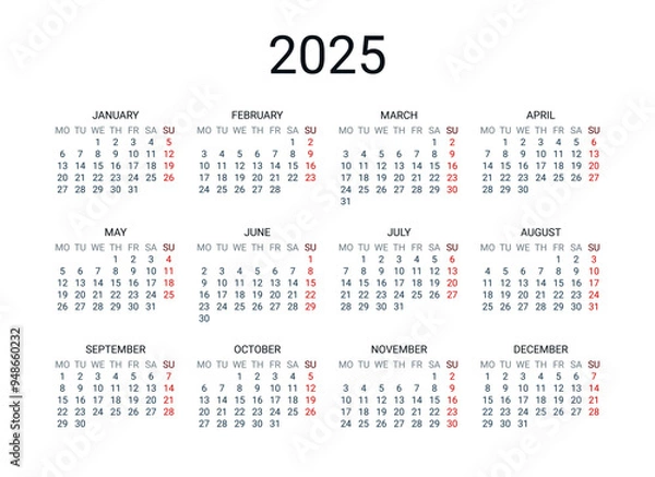 Fototapeta 2025 year English calendar. Classical, minimalistic, simple design. White background. Vector Illustration. Week starts from Monday.