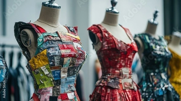 Obraz eco-friendly fashion, mannequins showcase upcycled clothing, promoting sustainable fashion practices under a banner