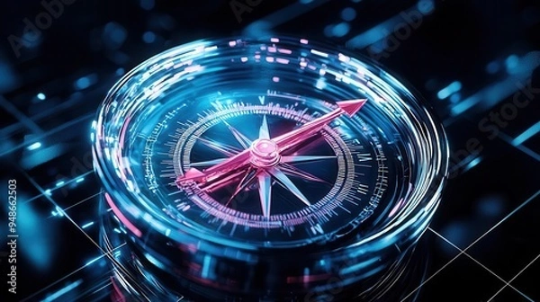 Fototapeta Digital compass with glowing blue and pink lights on a dark background.