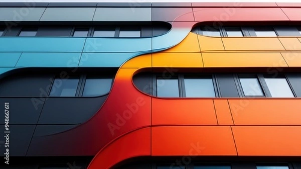 Fototapeta This image showcases a modern building facade featuring a vibrant and abstract design with blue and orange panels, illustrating contemporary architecture.