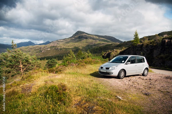 Fototapeta car on a road in the scottish highlands, Isle of Skye, Outer Hebrides, Great Britain, UK, Europe 