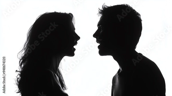 Fototapeta silhouette of a beautiful black man and woman dancing in a black body suite witha a spot light on her