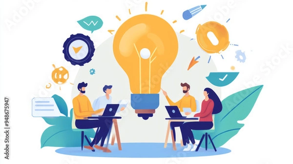 Fototapeta A group of people sitting around a table with a light bulb in the middle