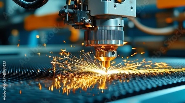 Fototapeta Blue laser cut metal design with shimmering sparks, showcasing modern industrial technology, emphasizing precision and innovation in a spacious environment.
