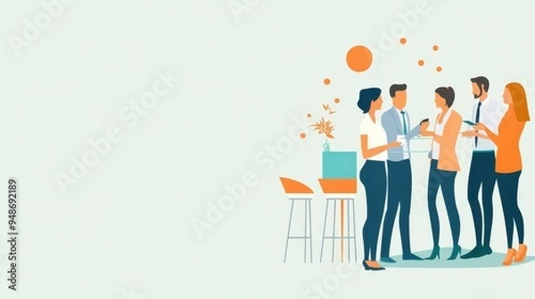 Fototapeta Illustration of colleagues networking and conversing in a modern office environment, emphasizing teamwork and communication.