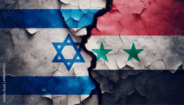 Fototapeta Flags of Israel and Syria on cracked surface. The juxtaposed flags of Israel and Syria appear on a worn and cracked surface, symbolizing geopolitical tensions